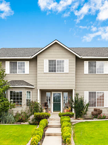 modern home with sidewalk front lawn, bushes and tree. Windows, shutters, front door.